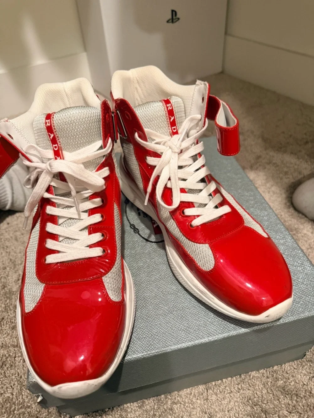 Prada Men Red and White High-Top Sneakers - Picture 4 of 5